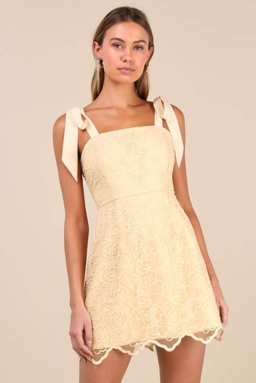 New Lulus Lovable Light Yellow Embroidered Tie-Strap Mini Dress Size XL